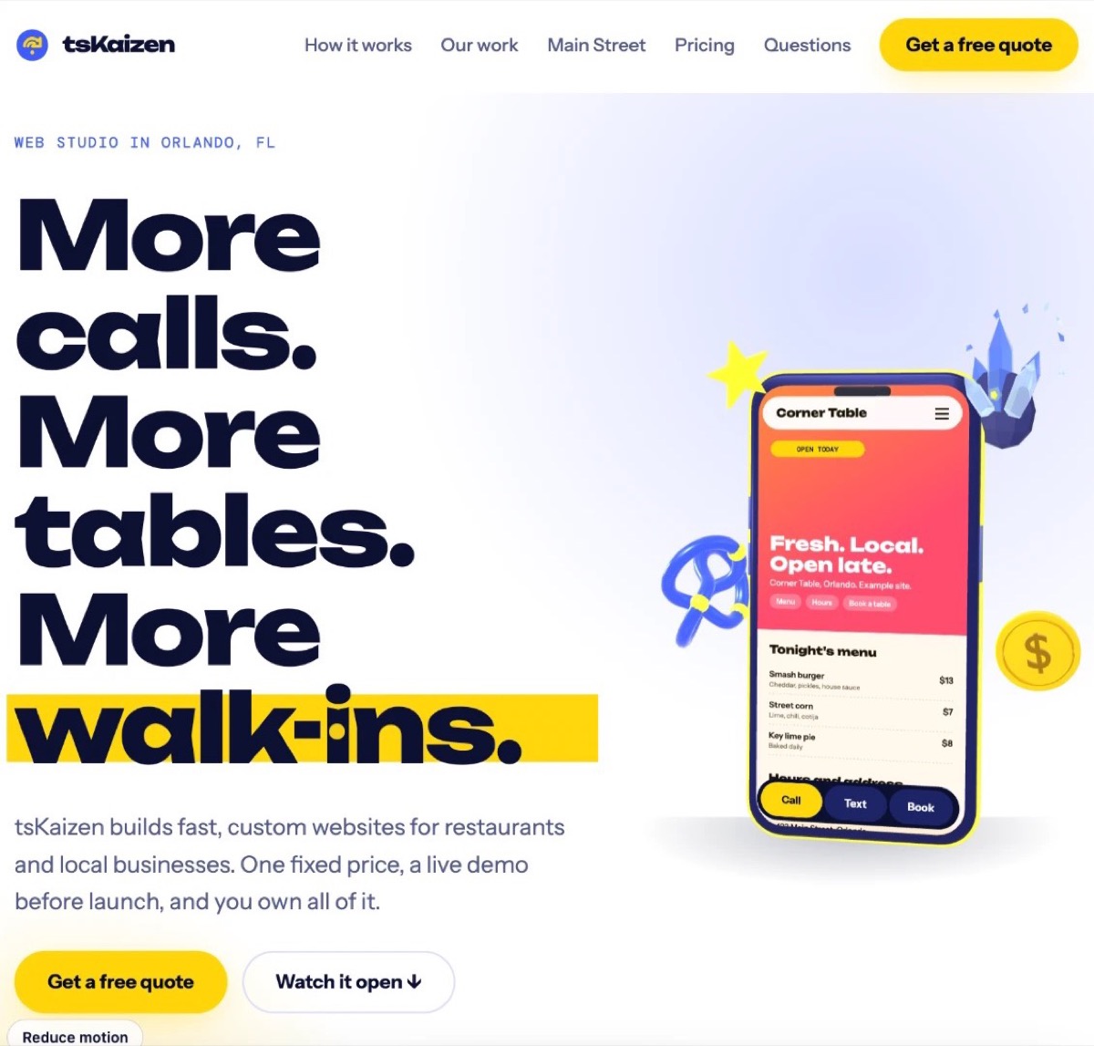 tsKaizen homepage: More calls. More tables. More walk-ins. with a 3D phone showing a restaurant site